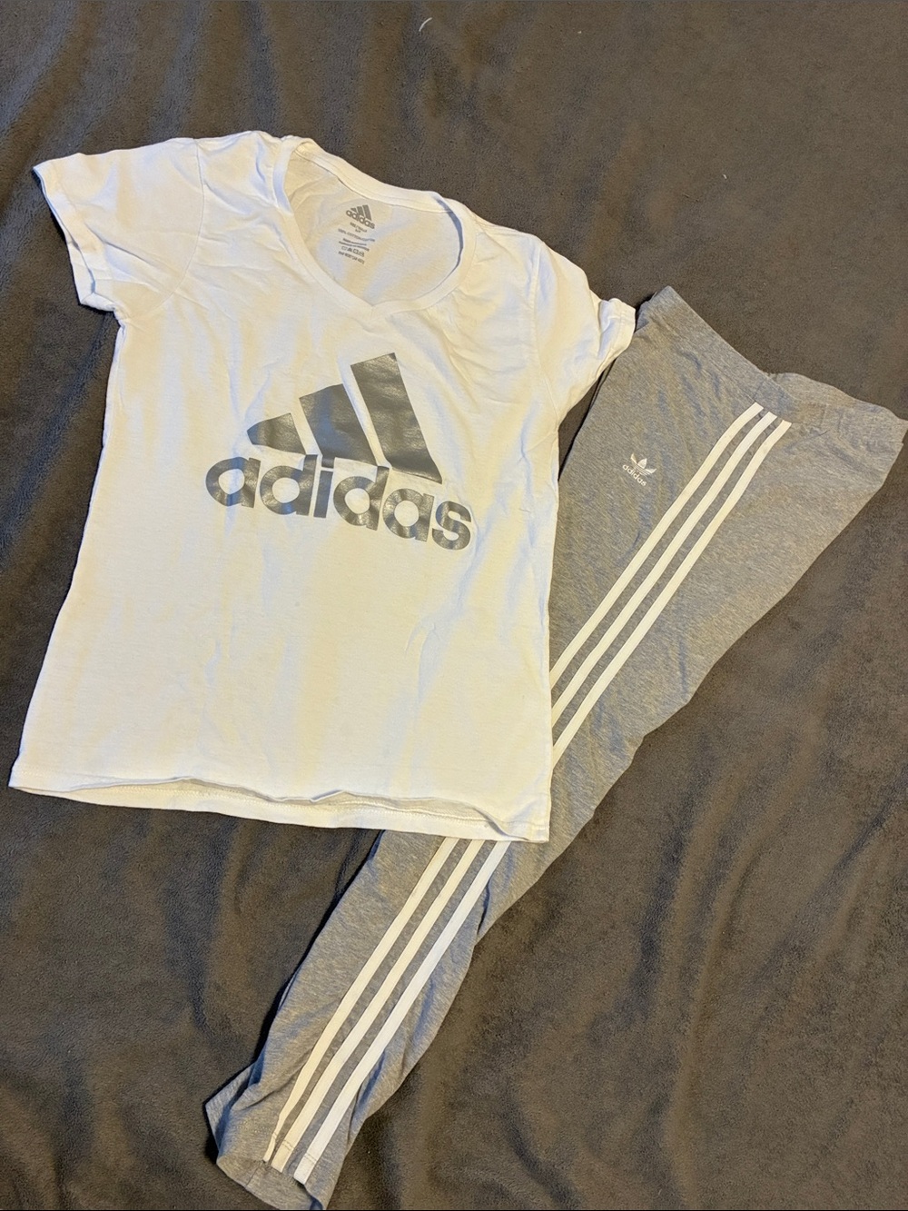 adidas White Tee with Gray Logo and Gray Leggings